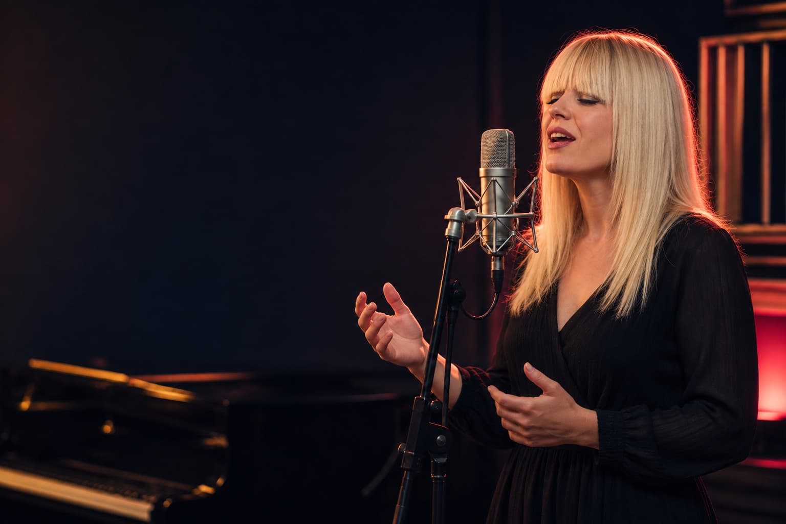 Susanna Forlani canta durante una sessione in studio